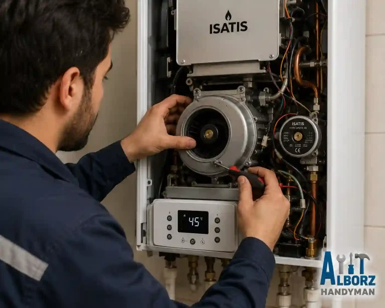 تعمیرکار در حال تعمیر فن پکیج ایساتیس
