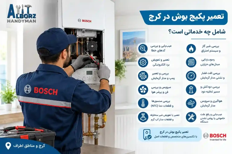 تعمیر پکیج بوش در کرج شامل عیب‌یابی، رسوب‌زدایی و تعمیر قطعات