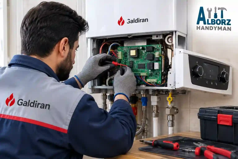 تعمیرکار در حال تعمیر برد پکیج گلدیران
